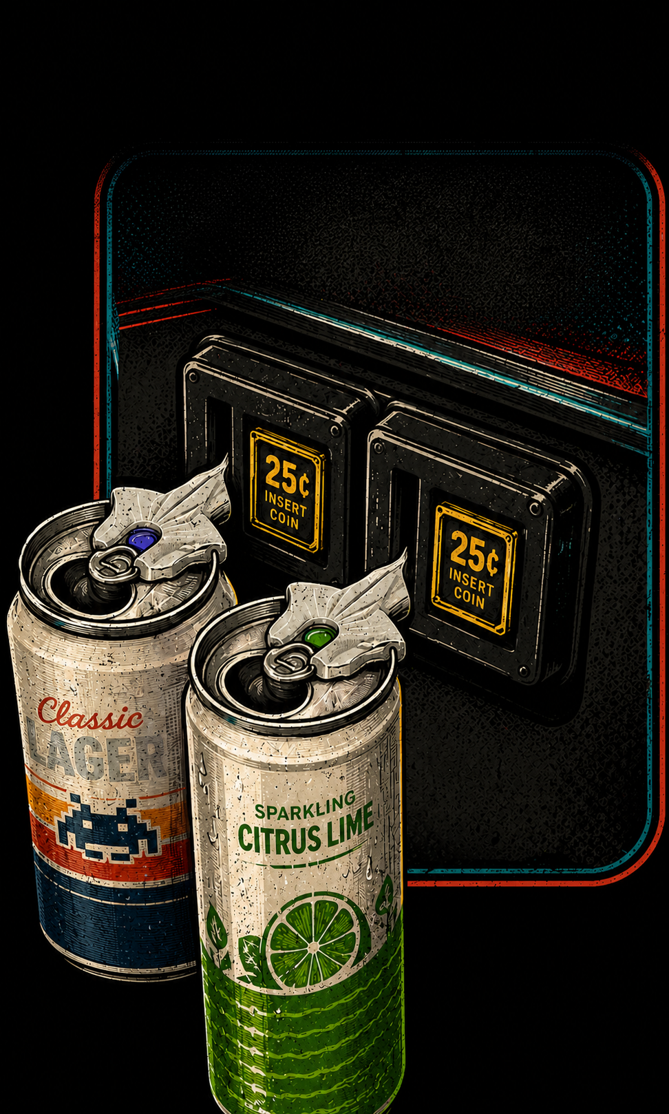 Illustration of beverage cans hanging from classic arcade quarter slots using Coinzy